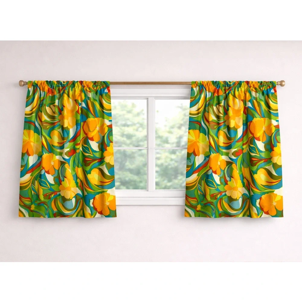 Colorful Floral Window Panels Set of 2 Orange Blue Green 27x40 Handmade Retro
